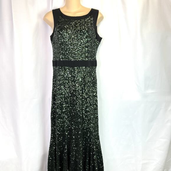 Badgley Mischka Green Sequin black Gown Size 6 V back Designer Formal - Picture 6 of 16